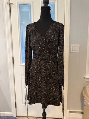 Mango‎ Black Wrap Dress with Mustard Dot Print - Women's Long Sleeve